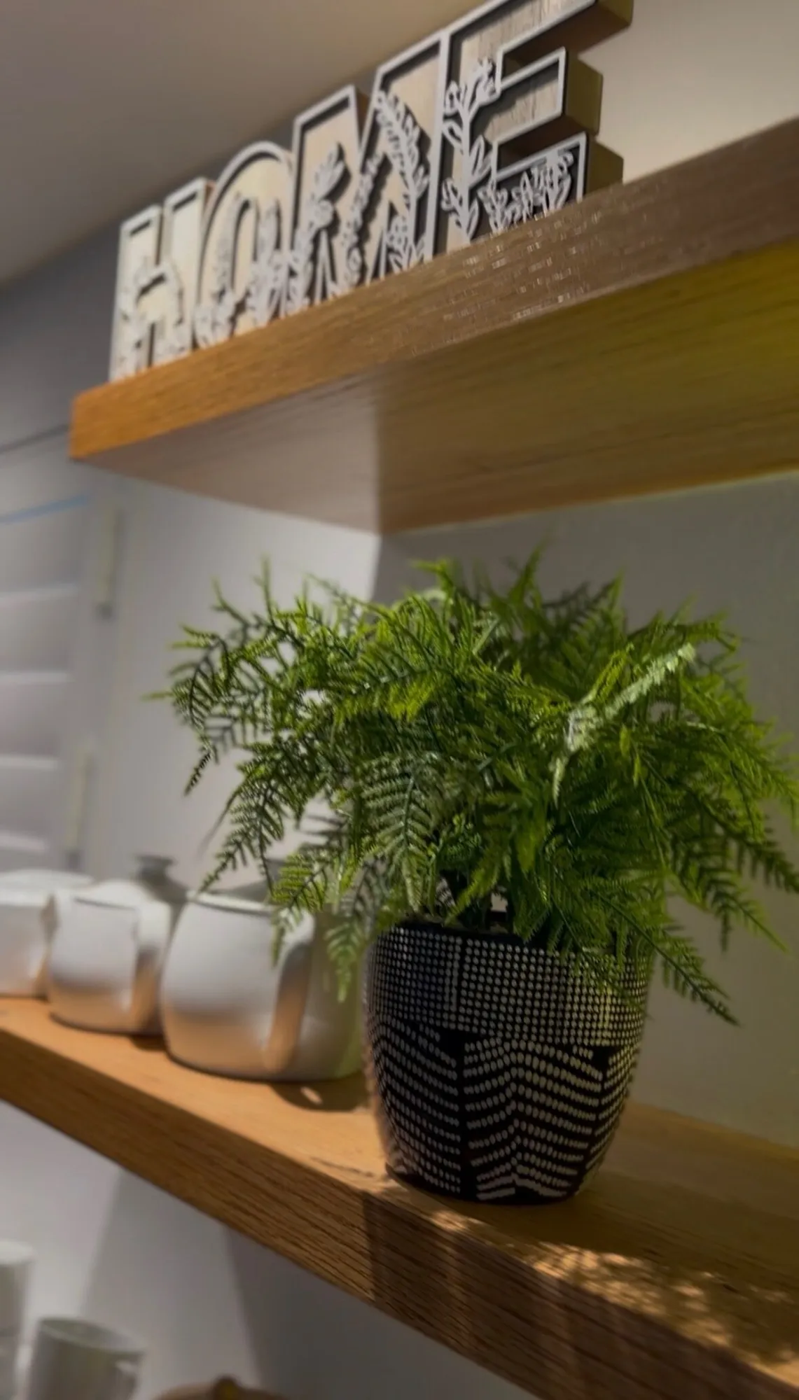A fern and a HOME sign on the open shelves at Casa Dias